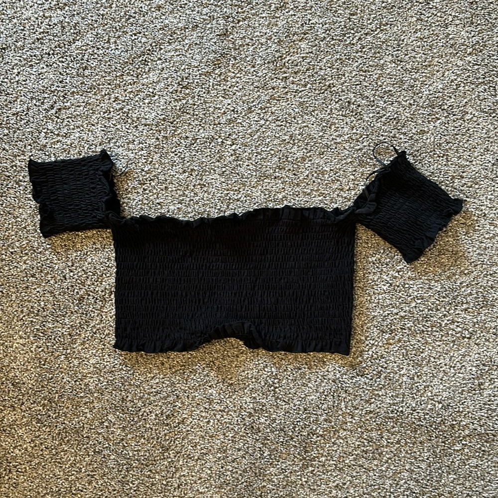 Zara Black Smocked Crop Off-the-Shoulder Top